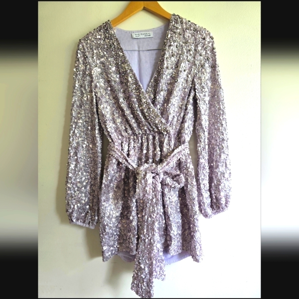 NWT! Mac Duggal, Sequin And Rhinestone Short Romper, Lilac, Size XS